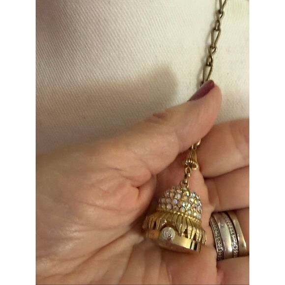 Vintage Geneva Rhinestone Ball Pendant Watch Necklace Gold Tone AB Crystal Dome - Picture 3 of 12
